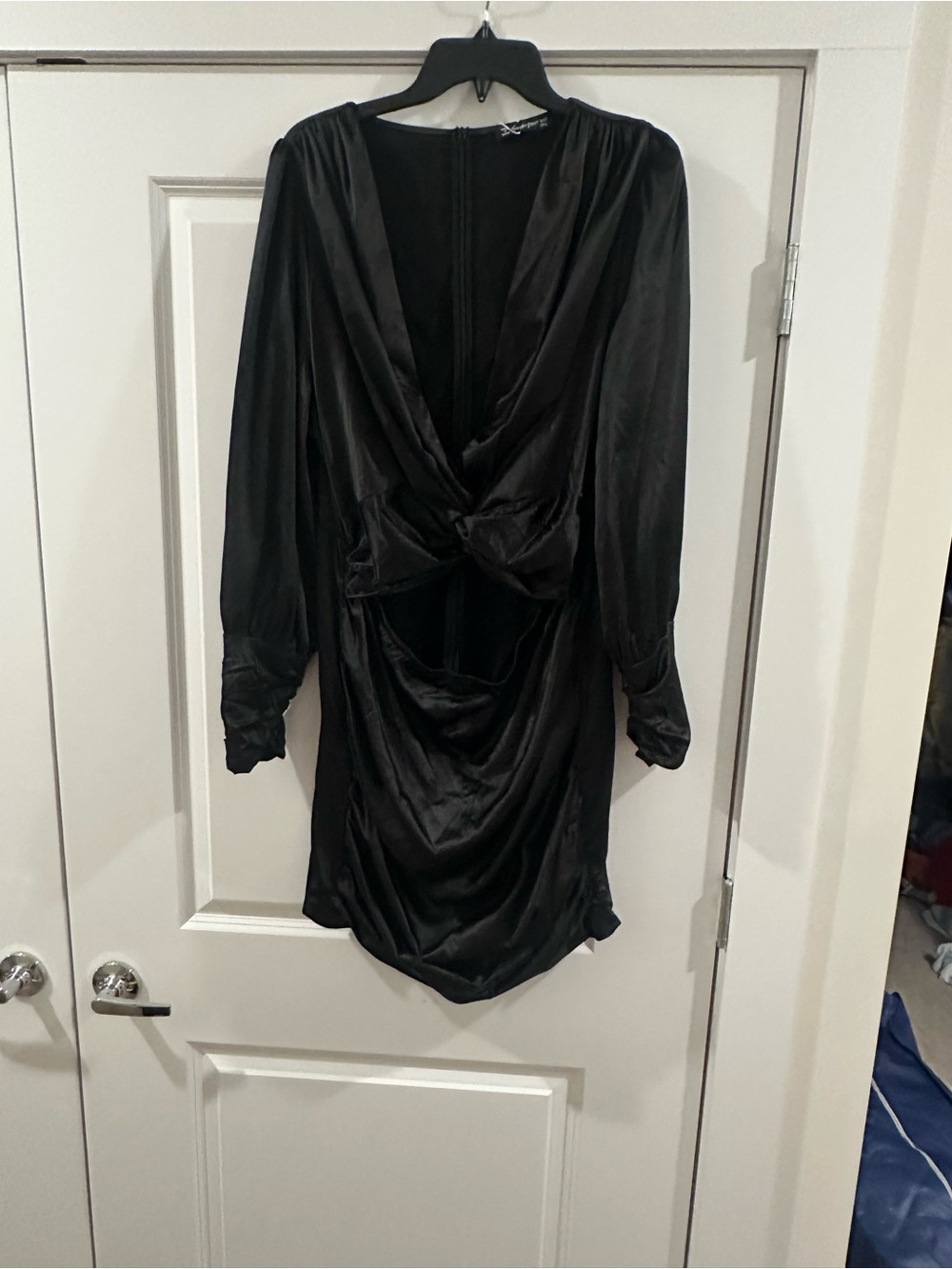 SimpleePlus Black Satin Drape Front Mini Dress